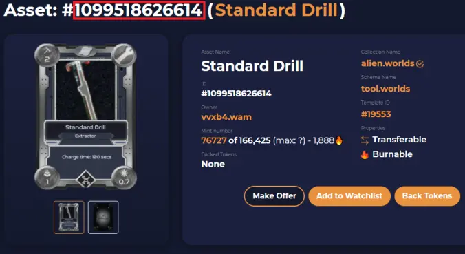 Item ID of tool