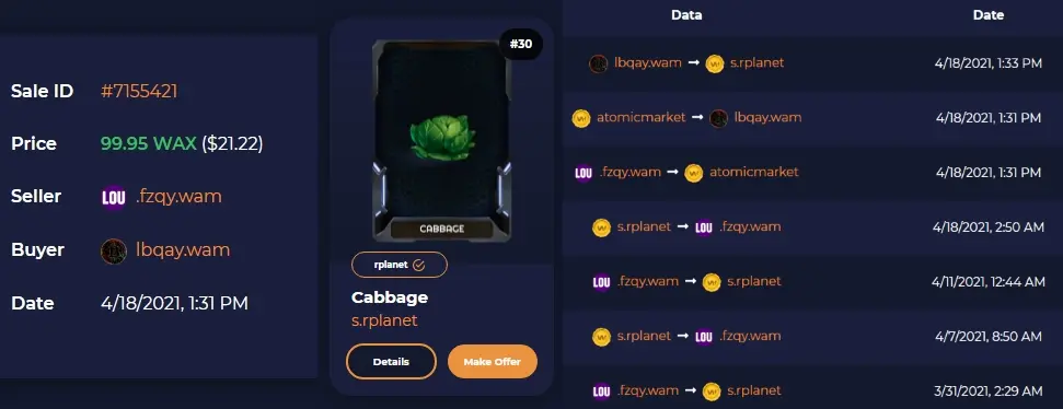 Cabbage NFT sold on AtomicHub