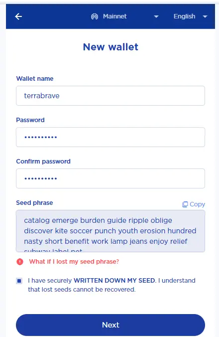 Terra Station wallet seed
