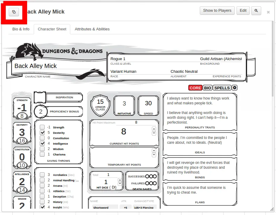 Character sheet by Roll20