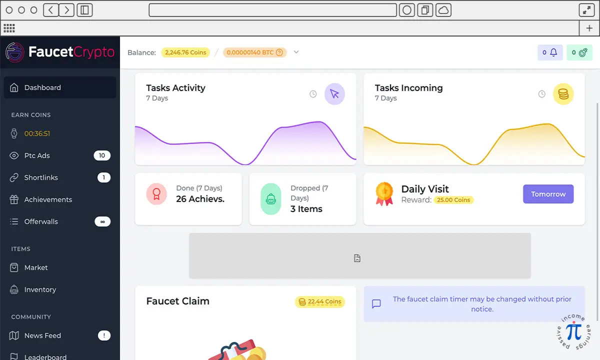 FaucetCrypto - Dashboard view