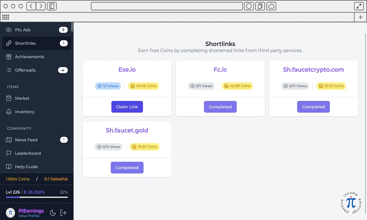 FaucetCrypto - Shortlinks view.