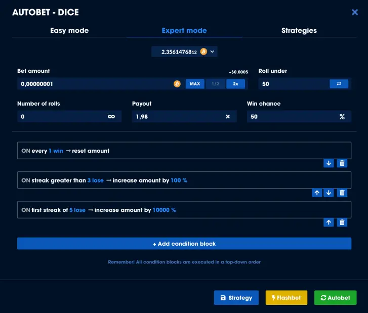 bitcoin dice strategy settings