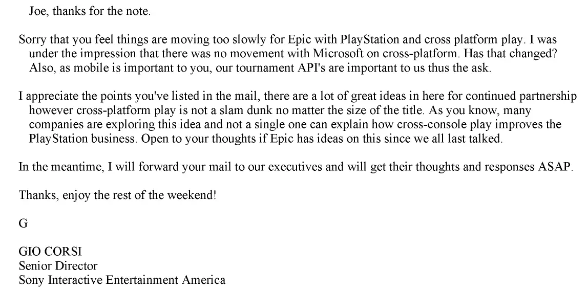 Sony's Email Response