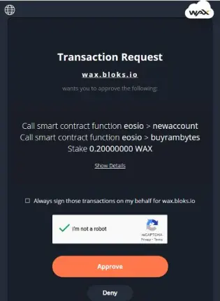 WAX Wallet create account transaction