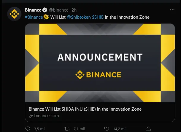 Tweet of Binance