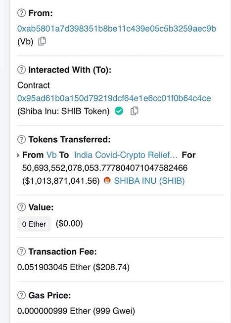 etherscan tx of the SHIB donation