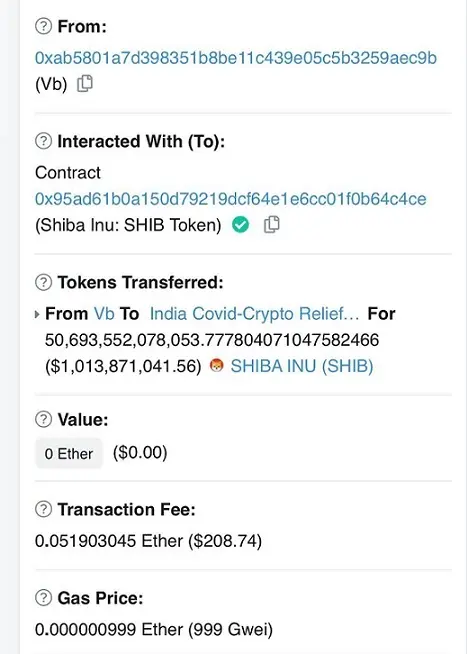 etherscan tx of the SHIB donation