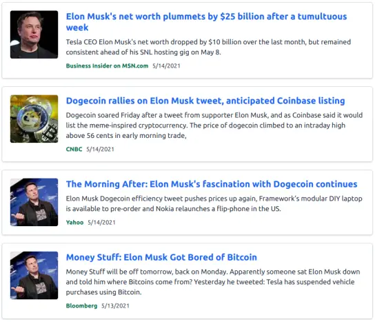 MSM Blaring away about Musk 's view of BTC and DOGE 14 May 2021 Dsearch First Fold