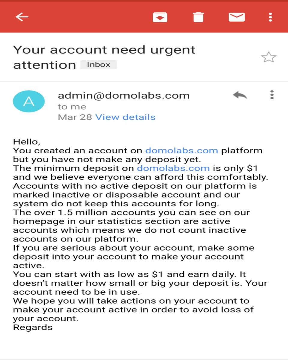 Email notification from domolabs telling me to make a deposit of atleast $1