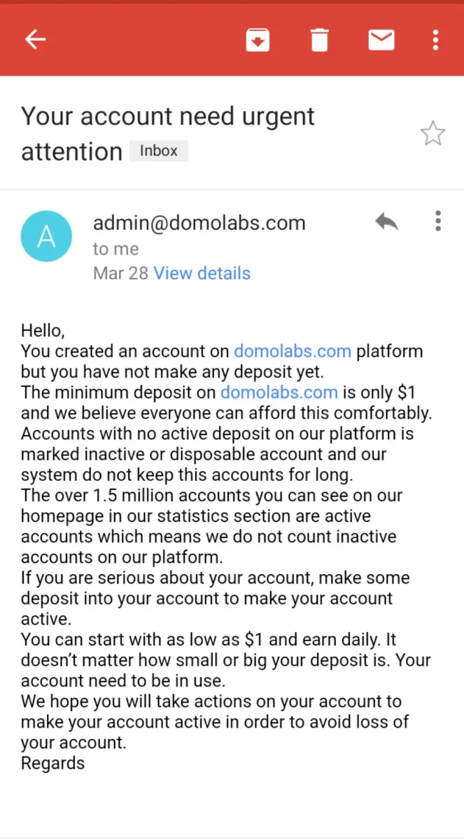 Email notification from domolabs telling me to make a deposit of atleast $1