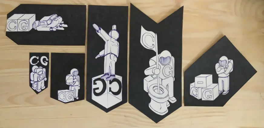 Photo showing 6 different hand drawn Coster-Graphics website banner designs.
