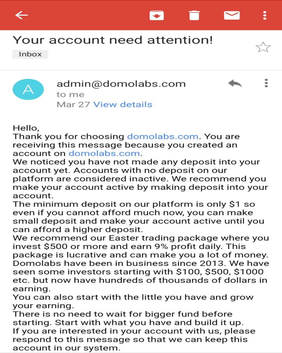 Email reminder to make a deposit to my account