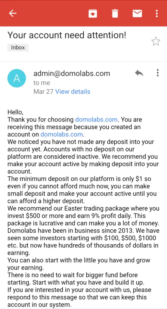 Email reminder to make a deposit to my account