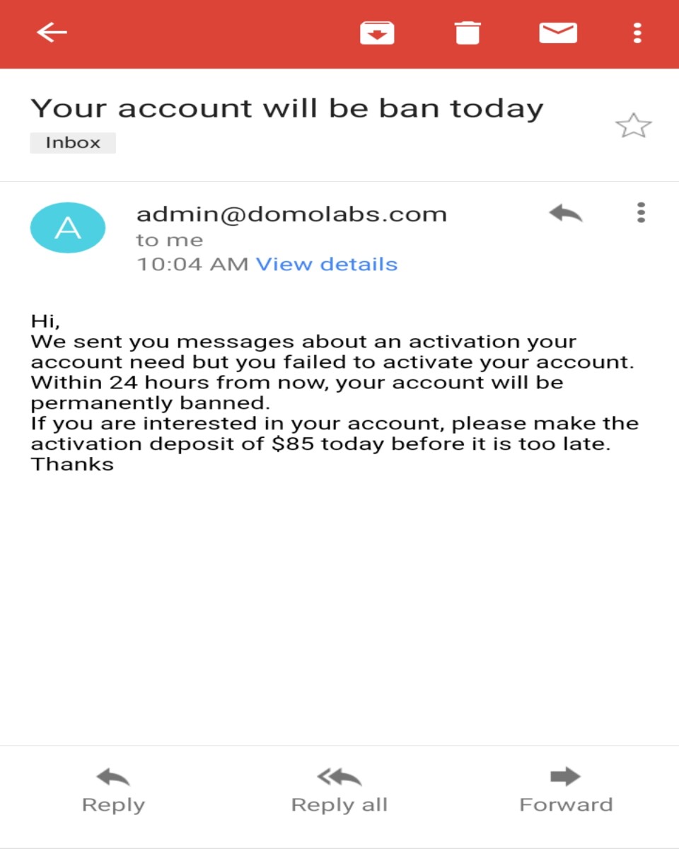 Email notification of account termination