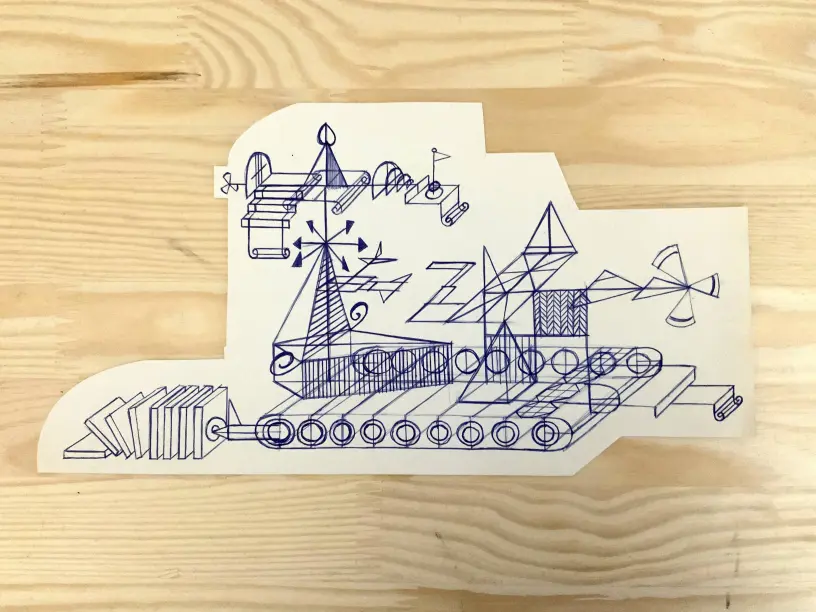 'The I Don't Know Who Gives a Shit Whatever' art making machine, 2021. Drawing of a senselessly creating art machine by Tim Coster(.com))