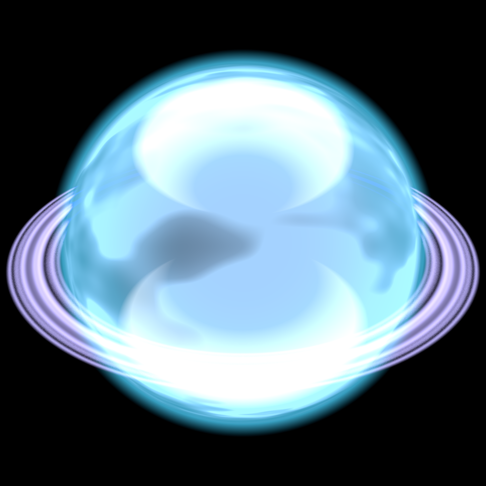 Procedurally Generated Planet Icon 2, Icey-Ringy Planet. Image of a blue bright planet with sharp thin Saturn-like rings around it's equator. Image was created with a shader program.