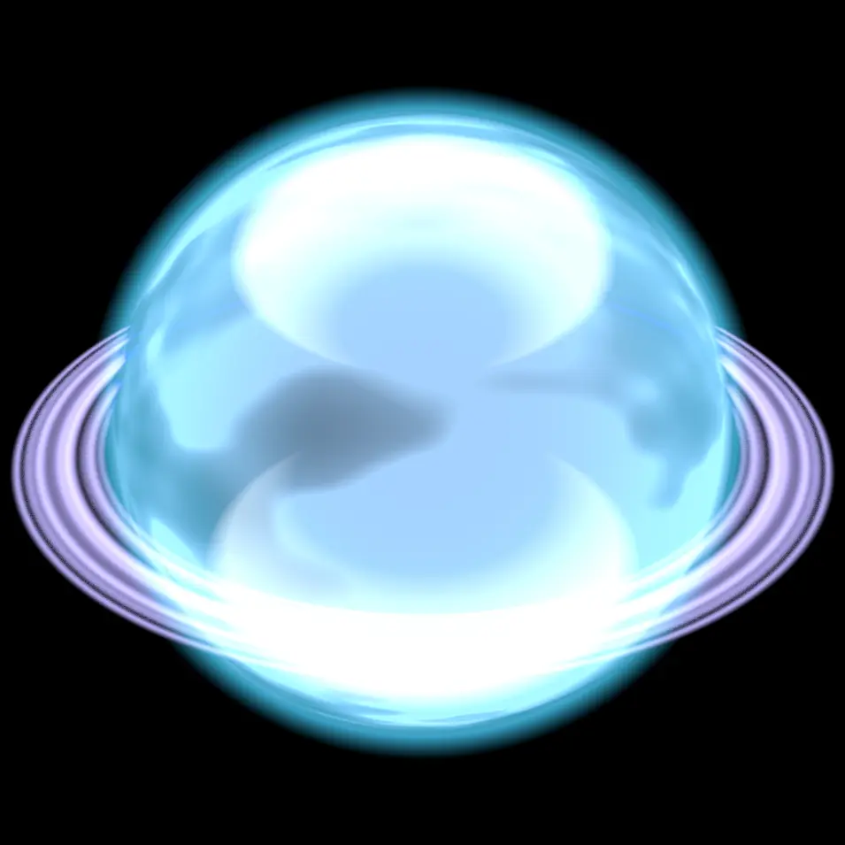 Procedurally Generated Planet Icon 2, Icey-Ringy Planet. Image of a blue bright planet with sharp thin Saturn-like rings around it's equator. Image was created with a shader program.