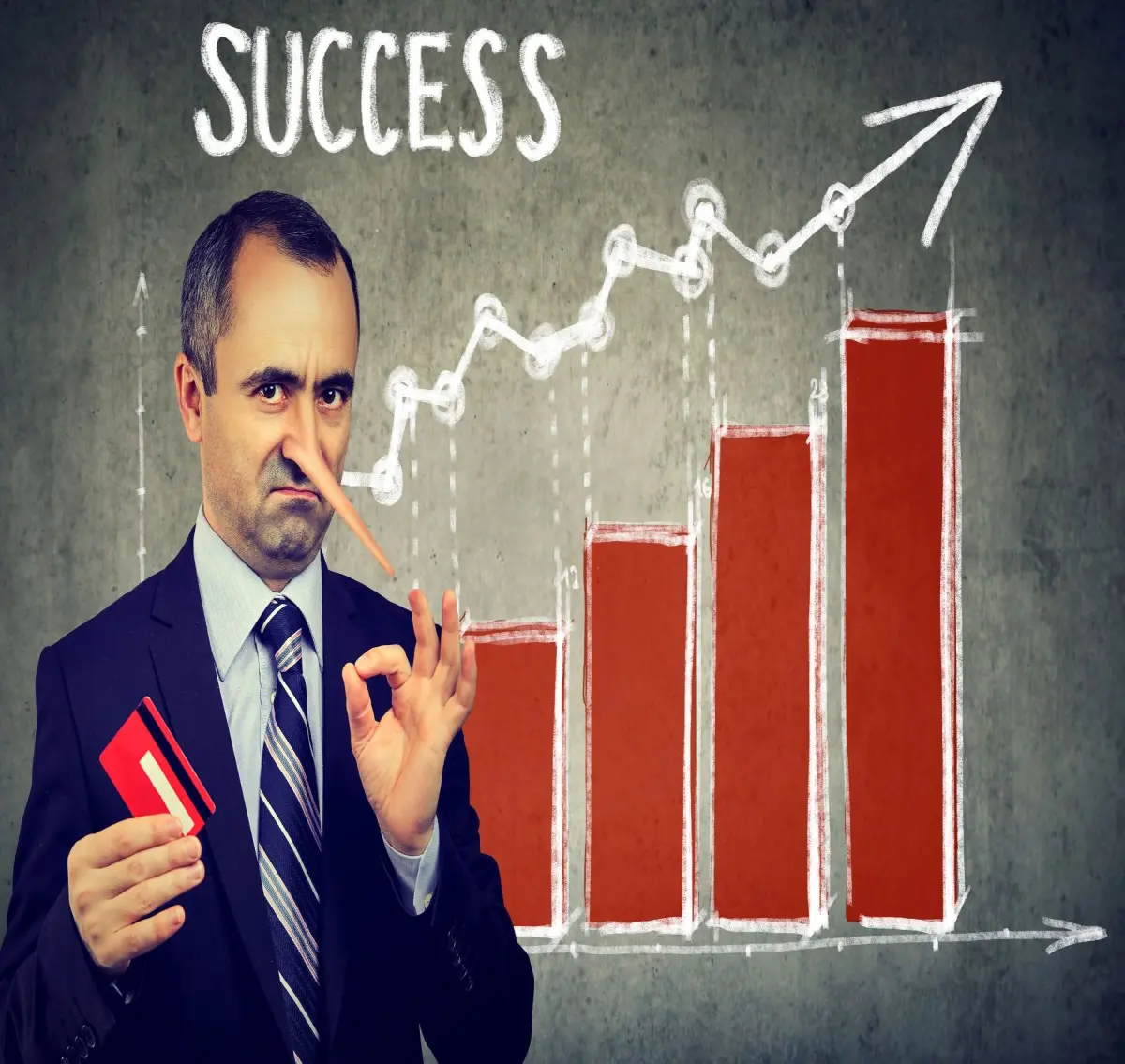 lying businessman with a pinnochio nose stands in front of a chart promising success