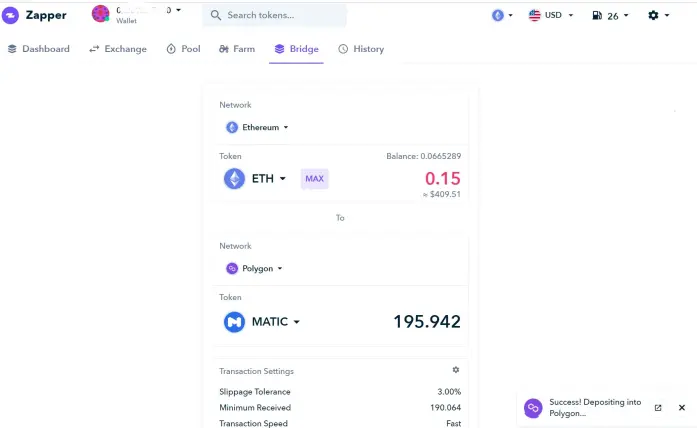 cross-chain swap via Zapper.fi