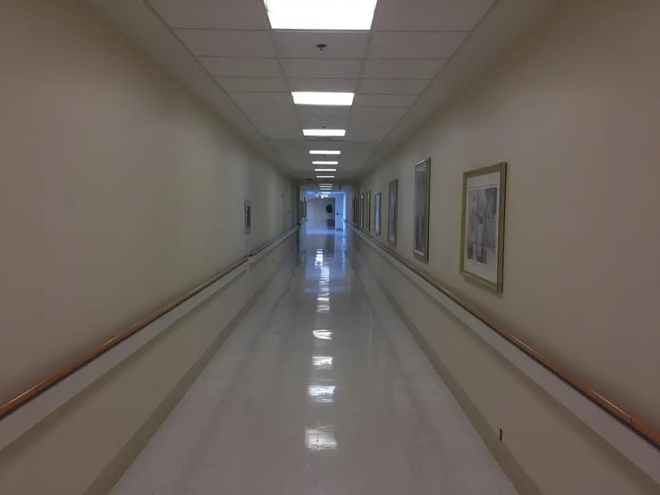 A deserted hospital hallway, example of a liminal space