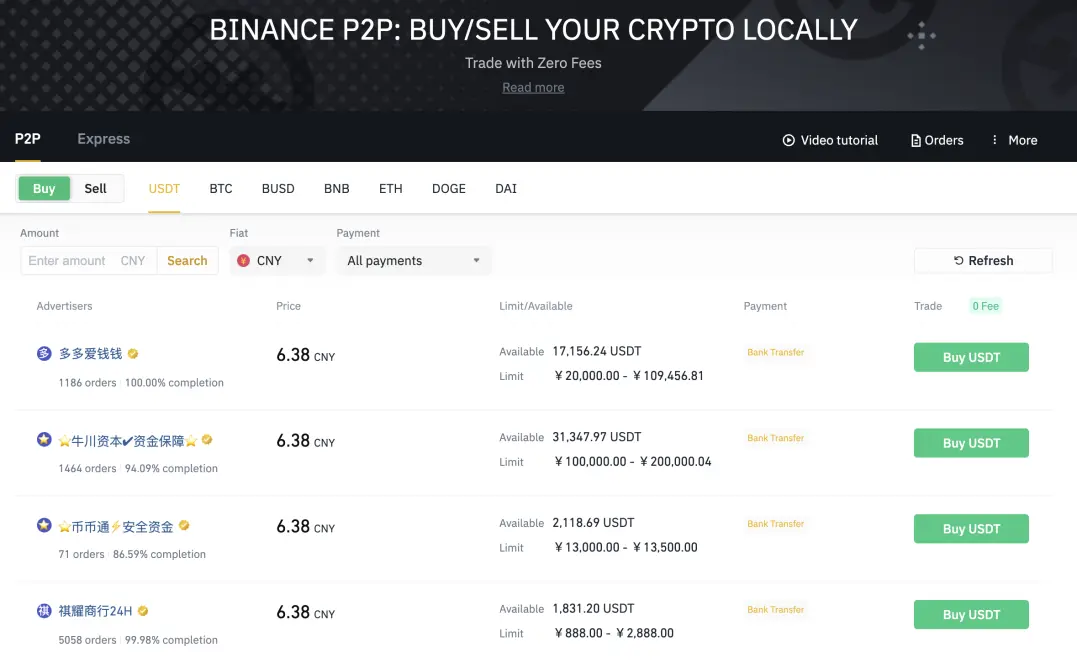 Binance P2P trading