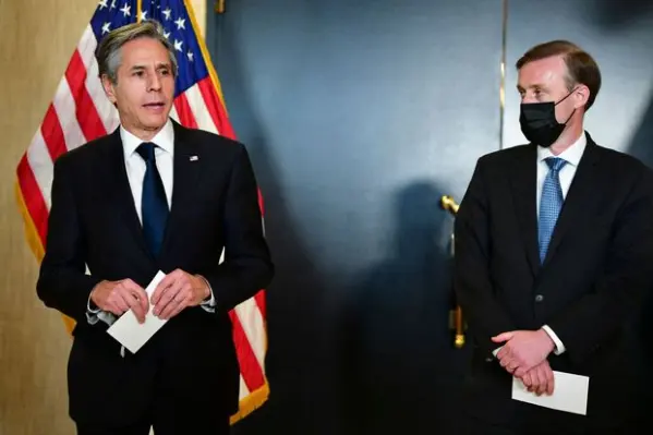 Blinken left and Sullivan right in Anchorage, Alaska, USA, 2021