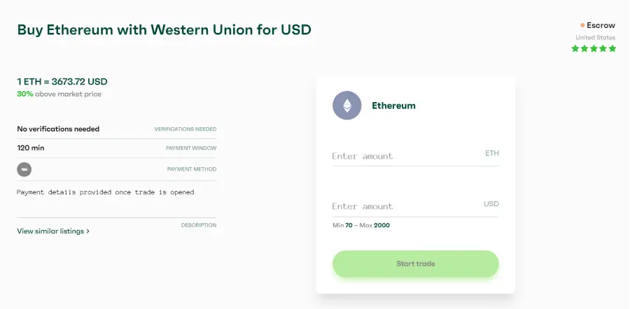 Buy Ethereum with Western Union for USD at Bitvalve