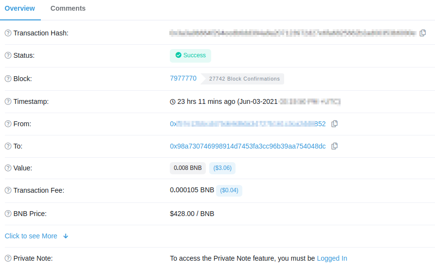 BSC transaction success details
