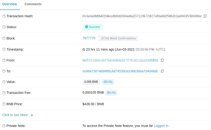 BSC transaction success details