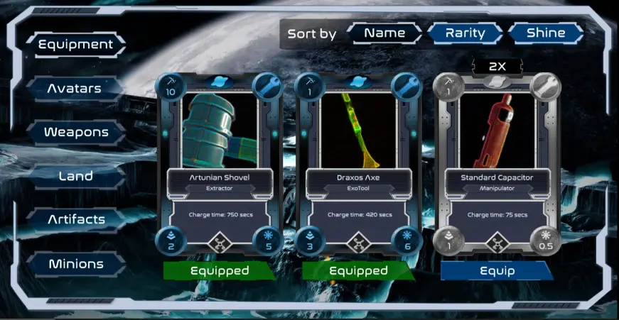 alien worlds equipment screen
