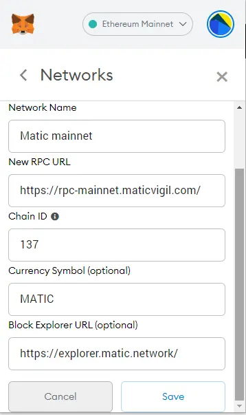 information to provide for Polygon/Matic network