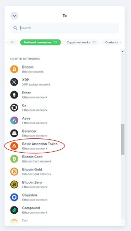 Uphold Crypto network selection