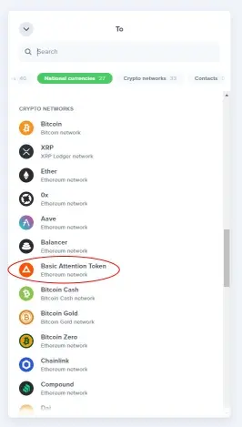 Uphold Crypto network selection