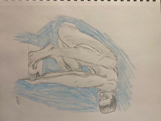 Man perched and balancing on a small cube - pencil and colored pencil