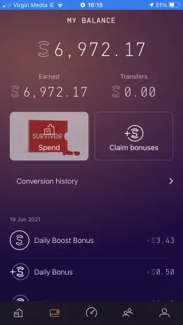 Image of the home screen in sweatcoin app, showing current balance and a featured offer.