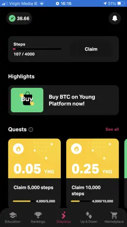 Image from home screen in stepdrop app, showing highlights and quests available.