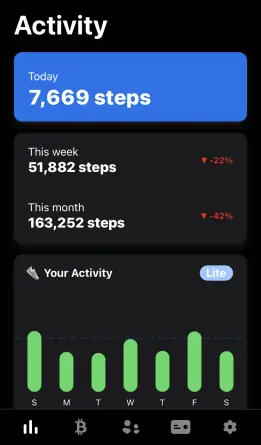 Image of the home screen in sMiles app showing todays steps, as well as weekly and monthly totals.