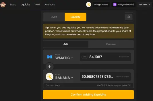 ApeSwap- add liquidity