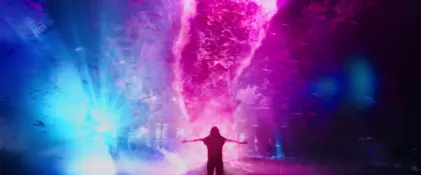 Screen grab from Color Out of Space pink blue magenta retro 80s