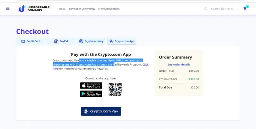 Payment options for Unstoppable Domains