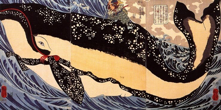 Utagawa Kuniyoshi - Musashi on the back of the Great Whale - Woodblock print