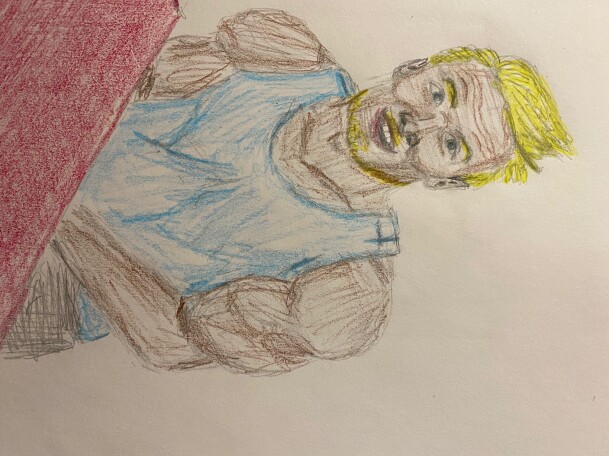 Muscular surfer-type sitting at a red table - colored pencils