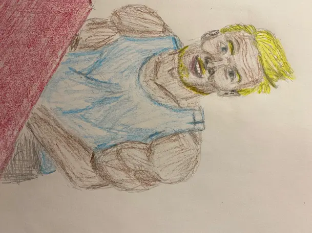 Muscular surfer-type sitting at a red table - colored pencils