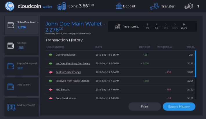CloudCoin Wallet Dark Sky