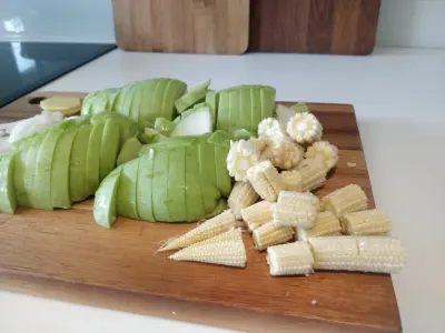 chayote and baby corn sliced