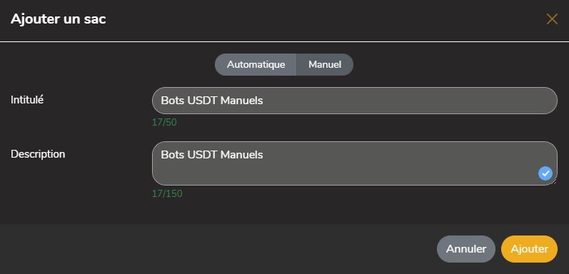 Ajouter un sac manuel Whalinvest