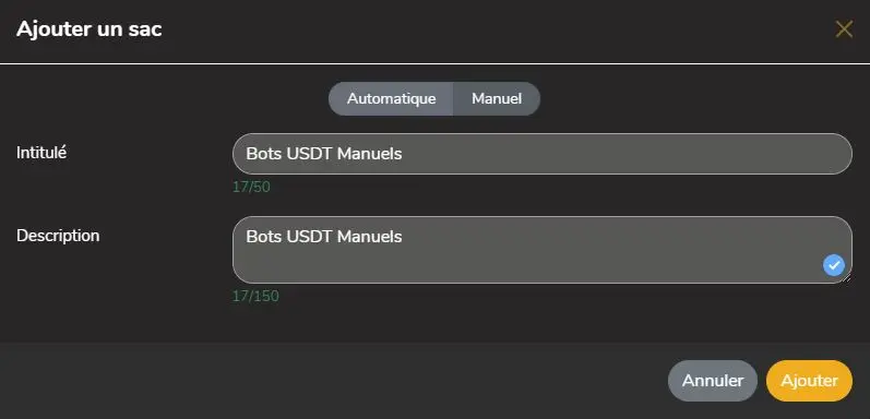 Ajouter un sac manuel Whalinvest