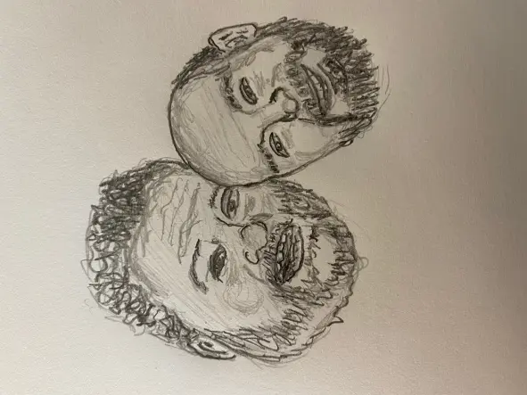 Ian and Josh leaning together - pencil