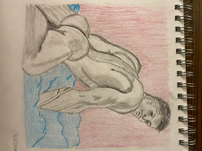Man crawling along a bed of clouds - pencil and colored pencil
